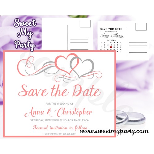 Hearts Wedding Save the Date card, Hearts coral Save Our Date postcard,(018w)